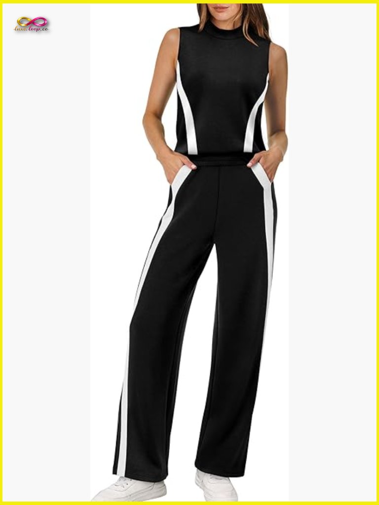 2 Piece Lounge Set Women Summer Casual Mock Neck Wide Leg Pants Suit Travel